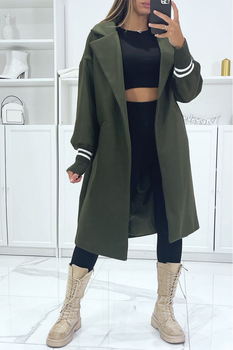 Long manteau over size doublé avec poches en kaki - 2