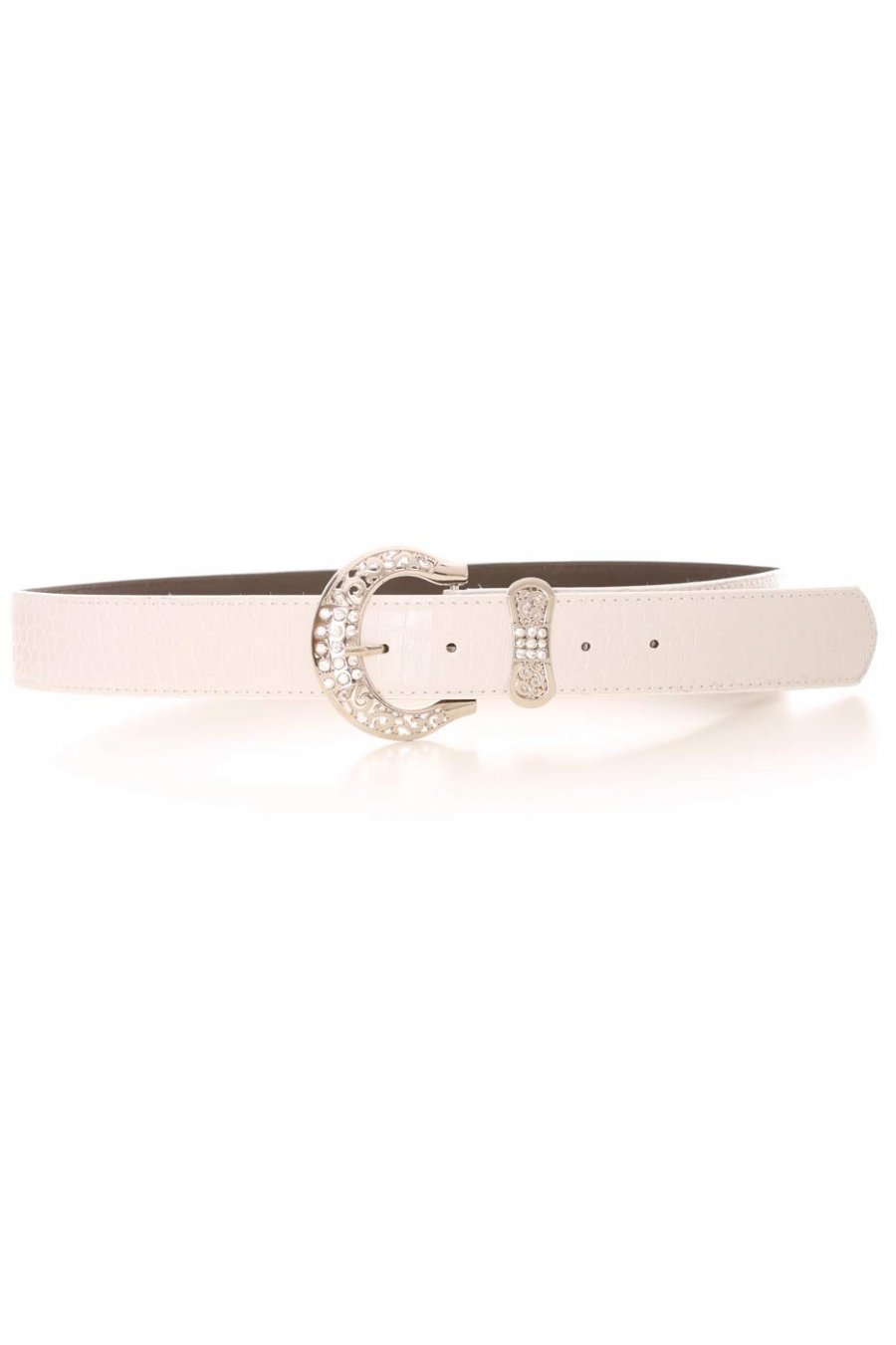 Ceinture blanche effet crocro avec boucle à strass argentée et passant en forme de noeud. Accessoire PVC - 3
