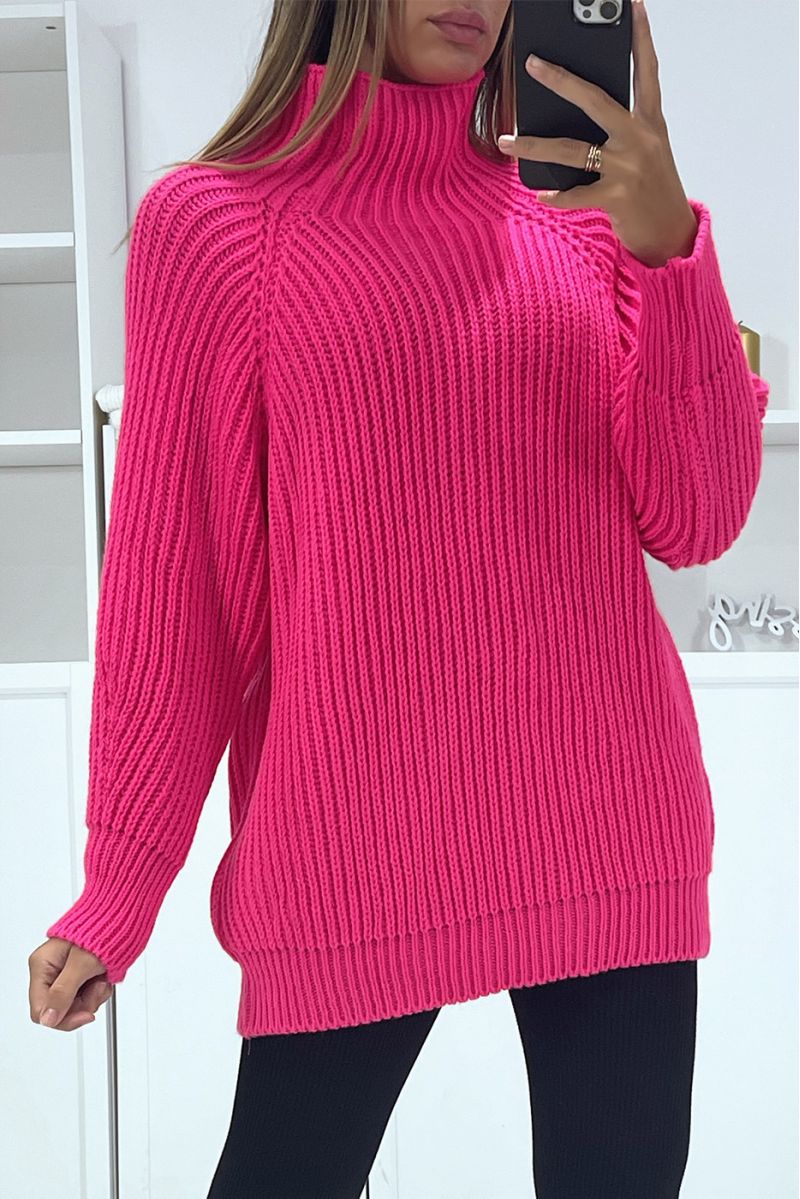 Grote, zeer dikke oversized fuchsia sweater met hoge kraag - 2