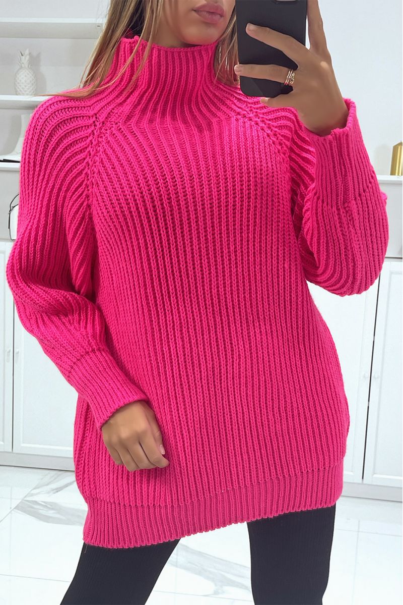 Grote, zeer dikke oversized fuchsia sweater met hoge kraag - 3
