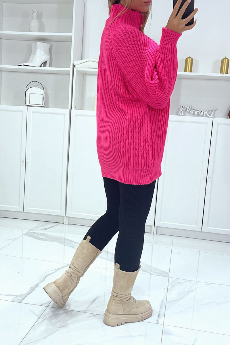 Large, very thick oversized fuchsia sweater with high collar - 4