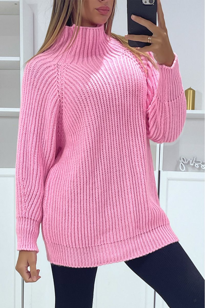 Big thick pink sweater over size and high collar - 3