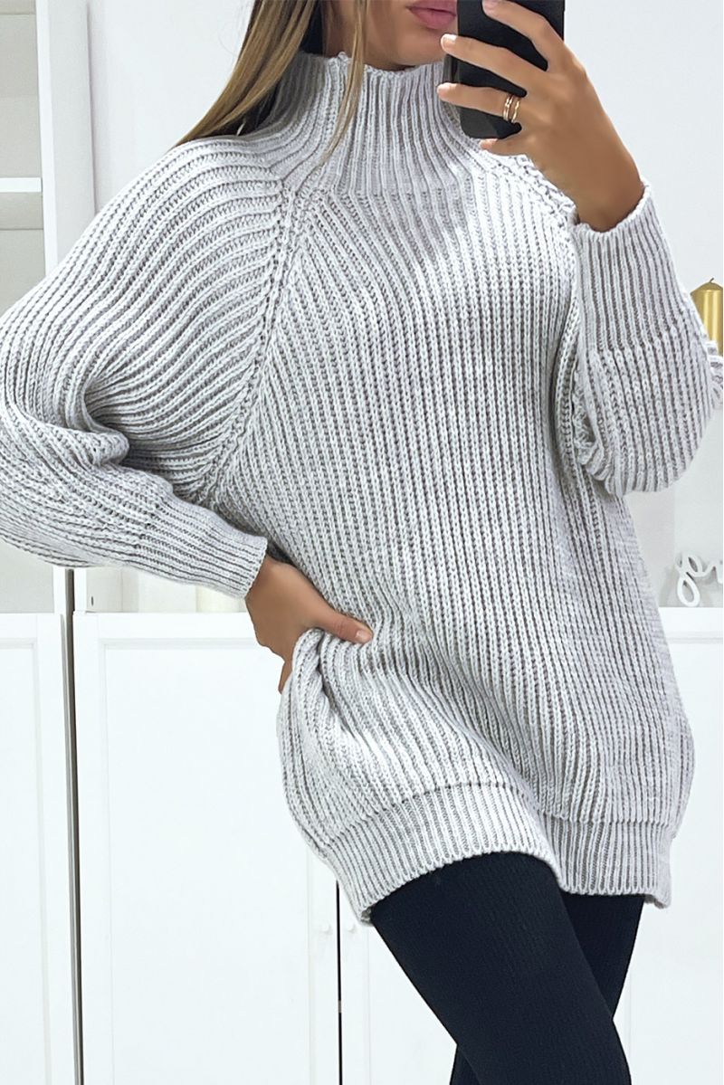 Grote dikke oversized grijze trui met hoge kraag - 3