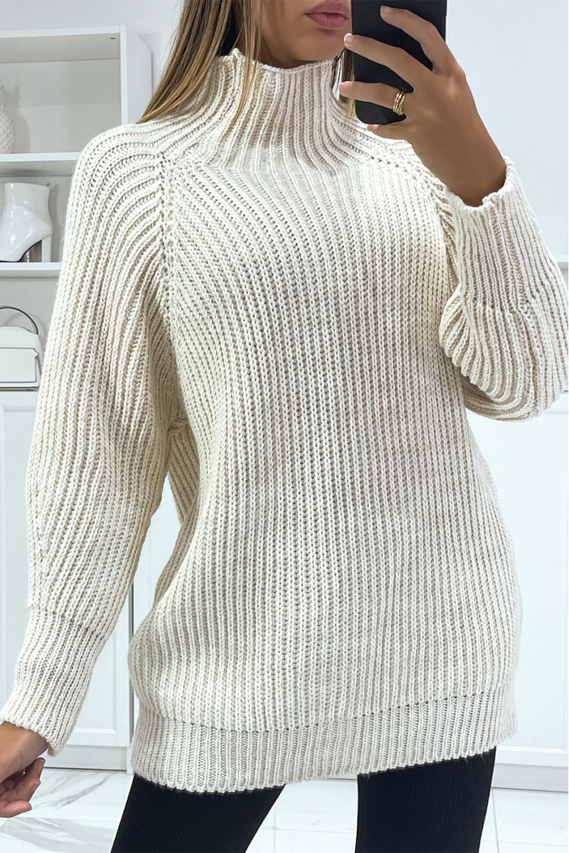 Grote dikke beige trui over maat en hoge kraag - 3