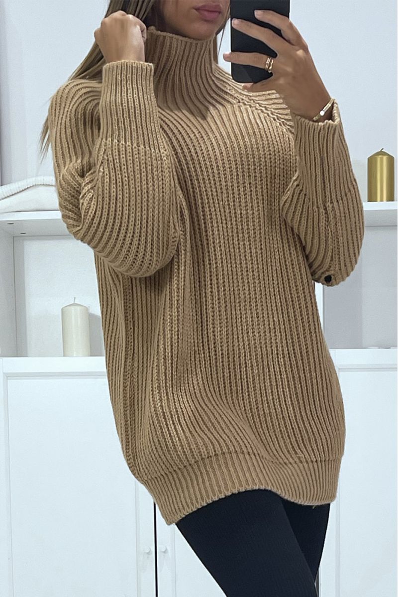 Big thick oversized camel sweater with high collar - 1