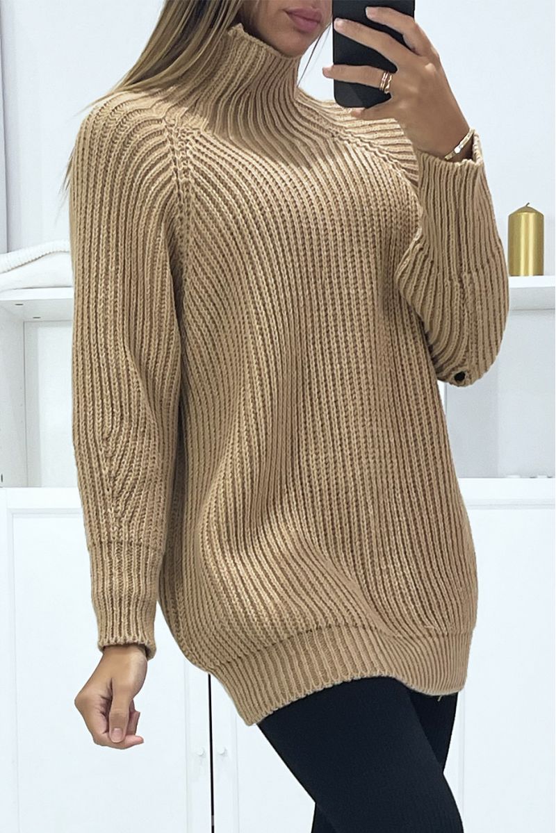 Grote dikke oversized camel trui met hoge kraag - 2