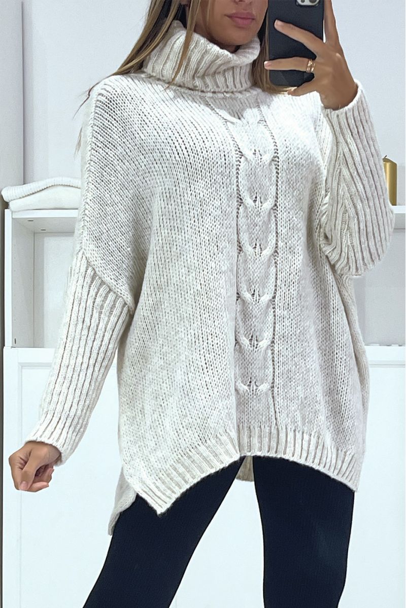 Pull beige over size col roulé avec coupe ample - 1