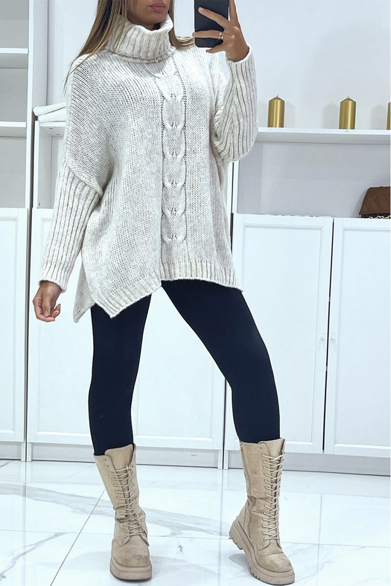 Pull beige over size col roulé avec coupe ample - 2