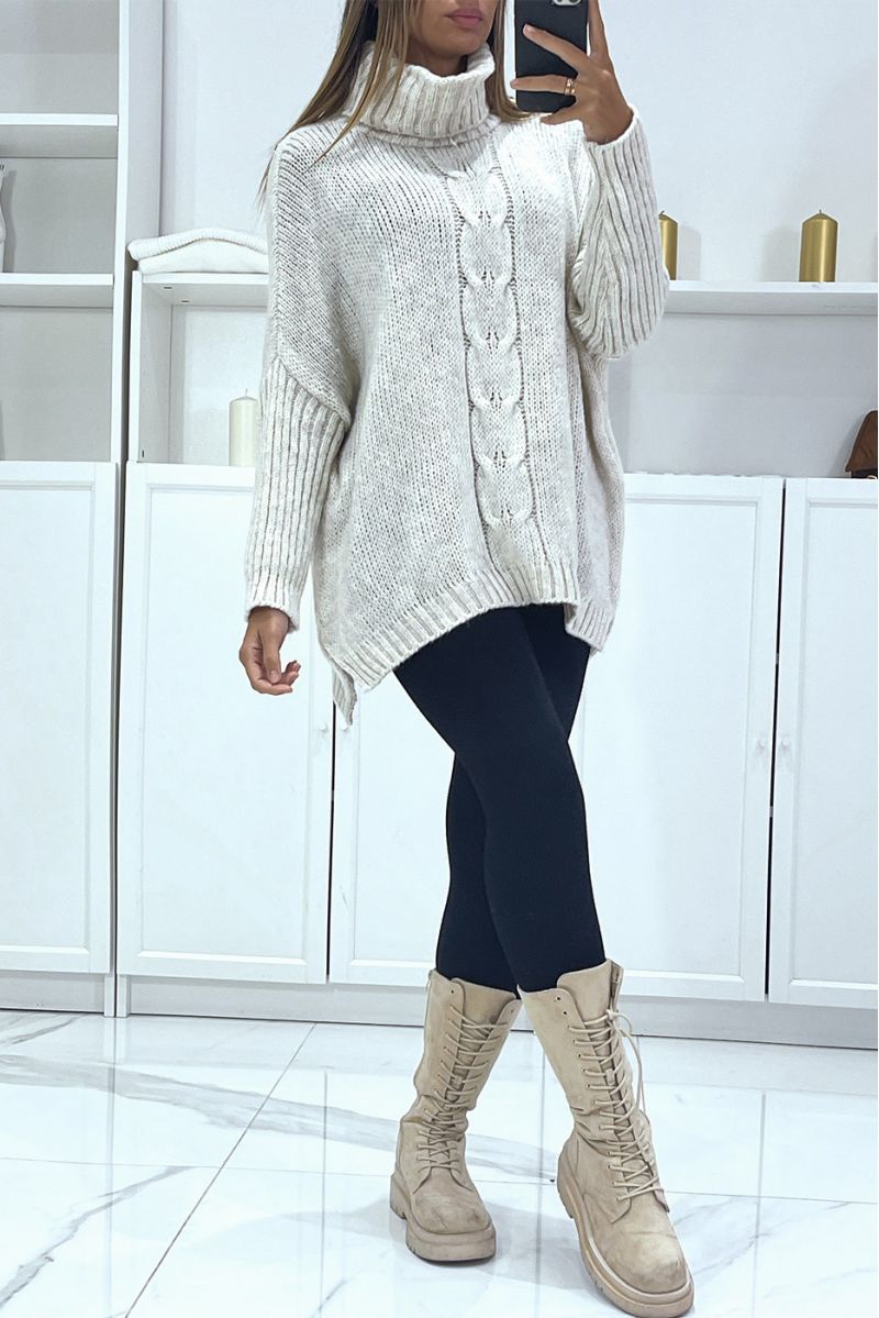 Pull beige over size col roulé avec coupe ample - 3