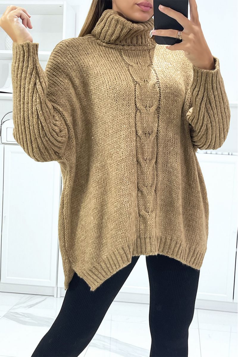 Pull taupe over size col roulé avec coupe ample - 4