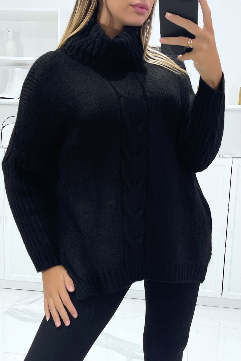 Pull noir over size col roulé avec coupe ample - 4