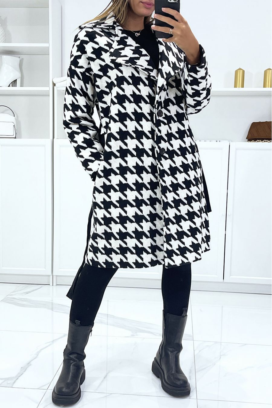 Long black and white coat lined with houndstooth pattern with pockets