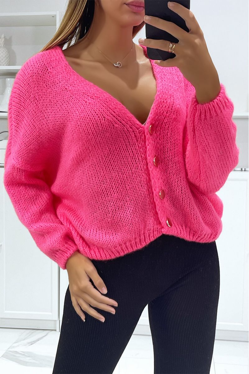 Very chic fuchsia oversize cardigan with golden buttons - 1