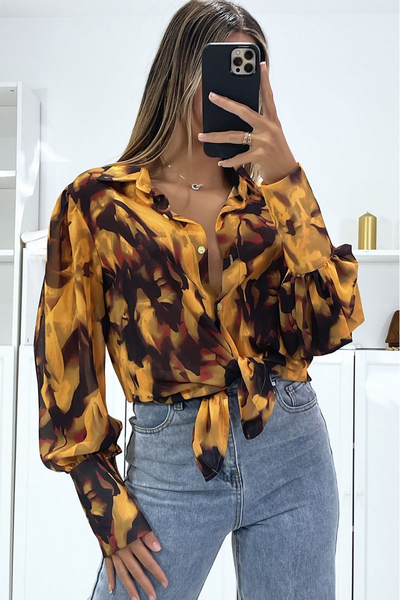 Mustard shirt with chic and trendy transparent color mix print - 1