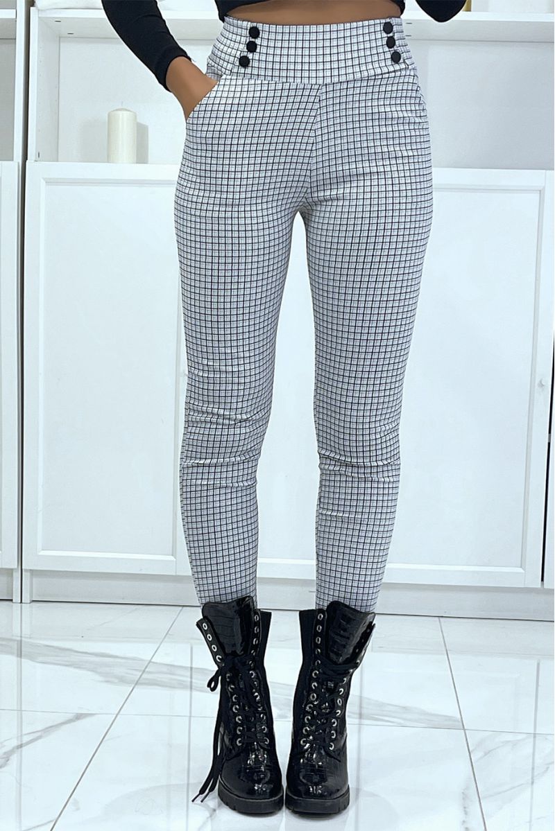 Pantalon slim blanc motif pied-de-poule avec boutons et poches - 1