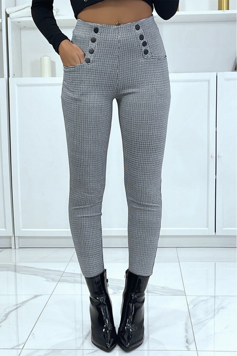 Pantalon noir et blanc motif pied-de-poule avec 8 boutons et poches - 1