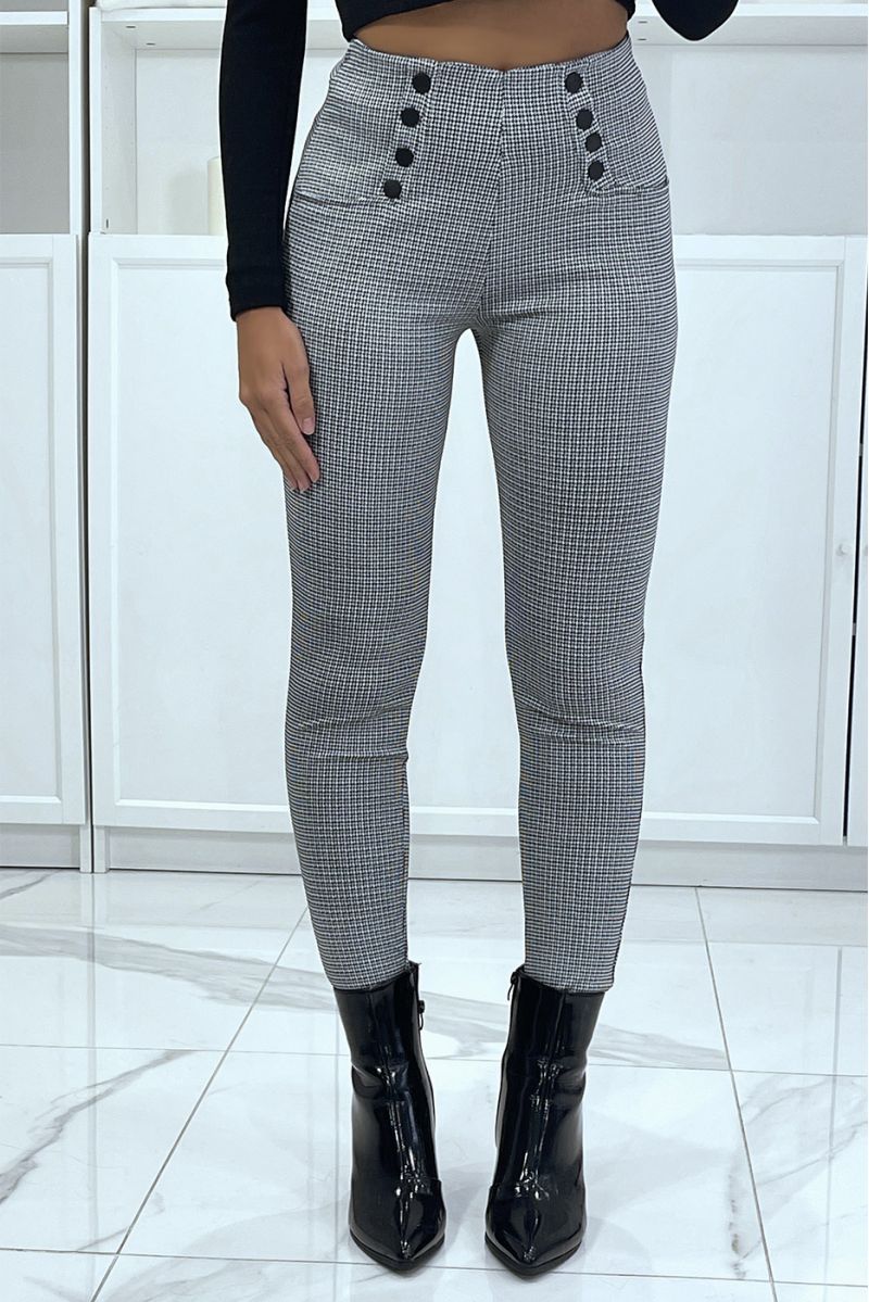 Pantalon noir et blanc motif pied-de-poule avec 8 boutons et poches - 2