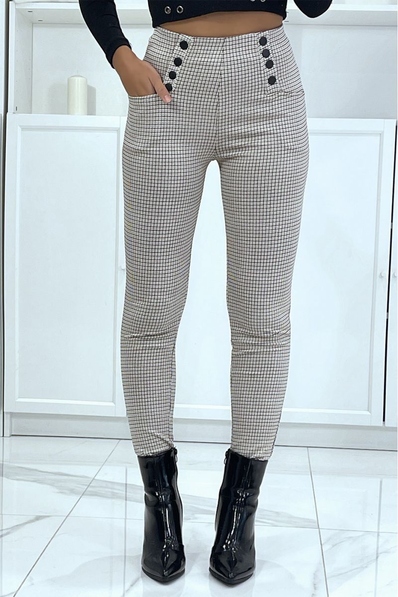 Beige houndstooth trousers with 8 buttons and pockets - 1