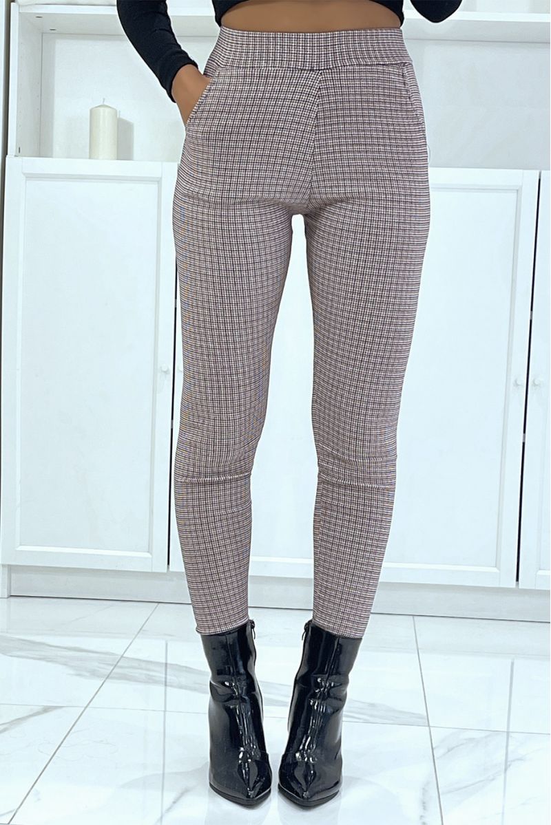 Burgundy slim pants with pockets and pretty houndstooth pattern - 1