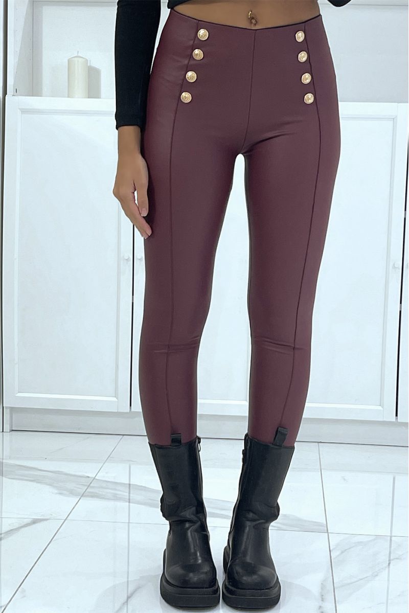 Slim burgundy faux leather trousers with gold buttons - 1