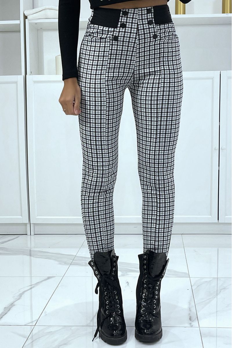 Pantalon blanc et noir motif carreaux avec poches boutons et élastique à la taille - 1