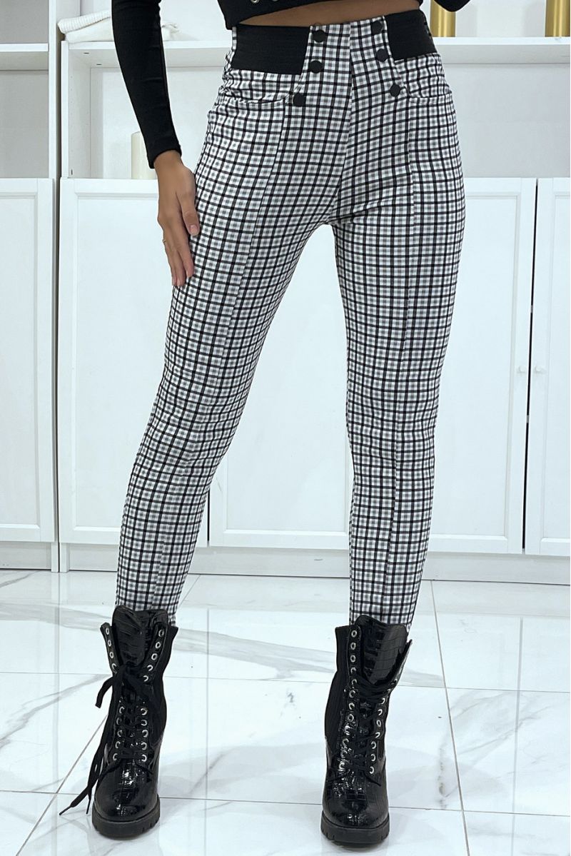 White and black checked pattern trousers with button pockets and elastic waistband - 2