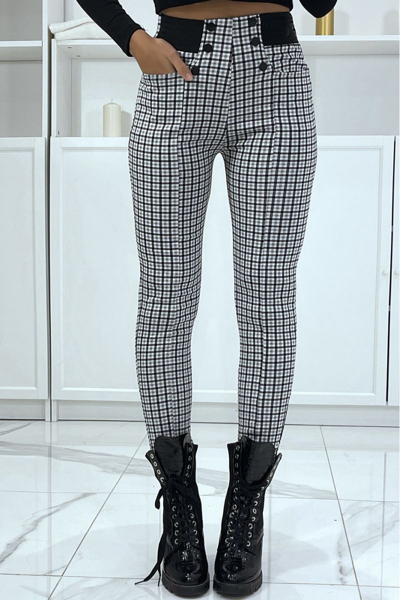 Wit en zwart geruit patroon broek met knoopzakken en elastische tailleband - 3