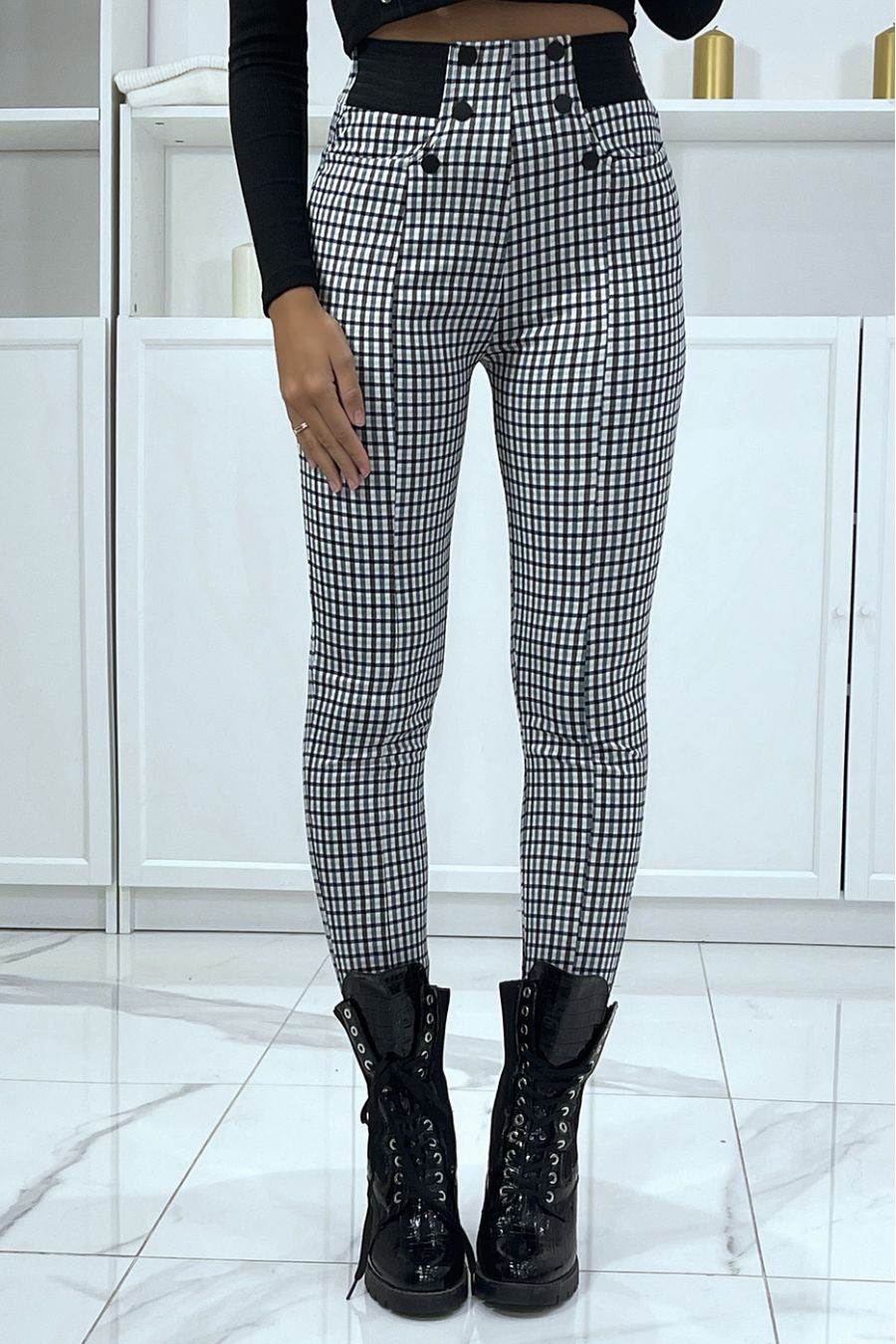 Check pattern duck pants with button pockets and elastic waistband - 2