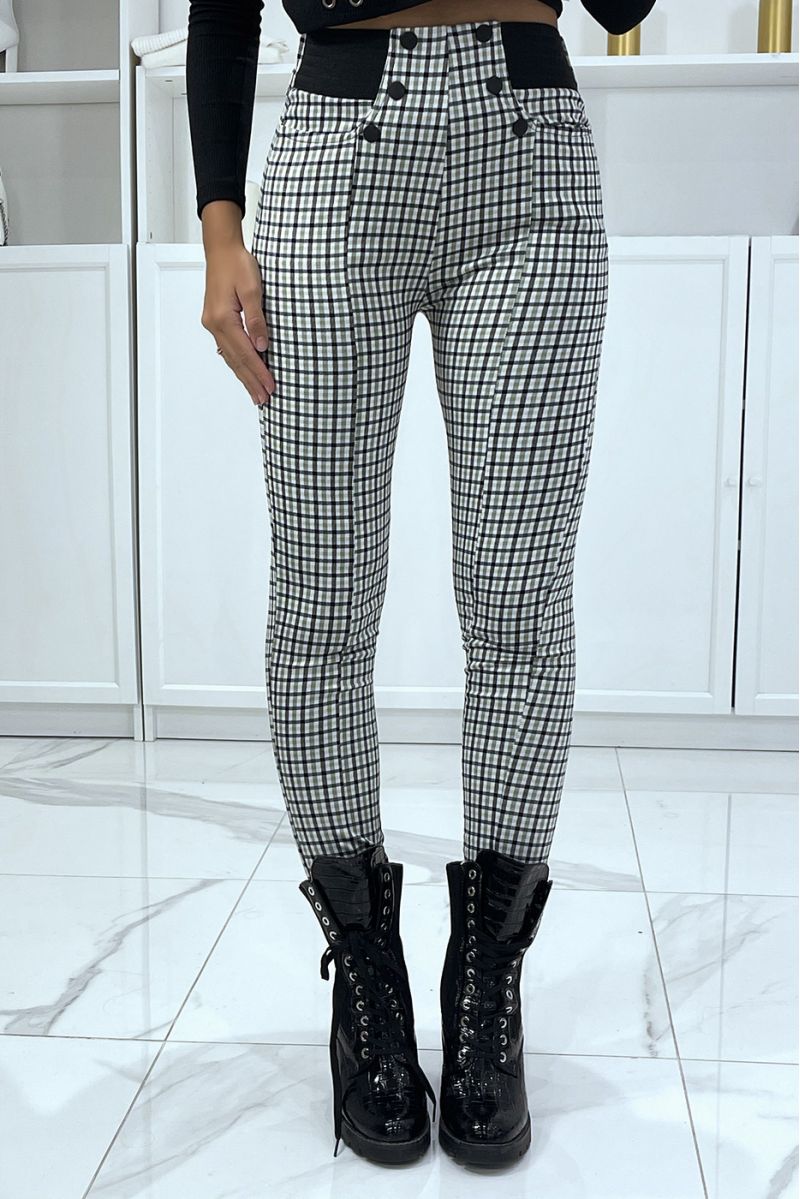 Green checked pattern trousers with button pockets and elastic waistband - 1