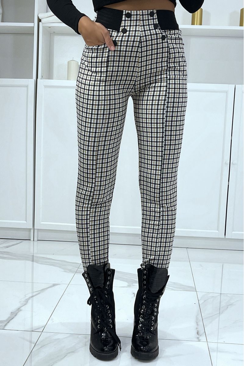 Beige check pattern trousers with button pockets and elastic waistband - 1