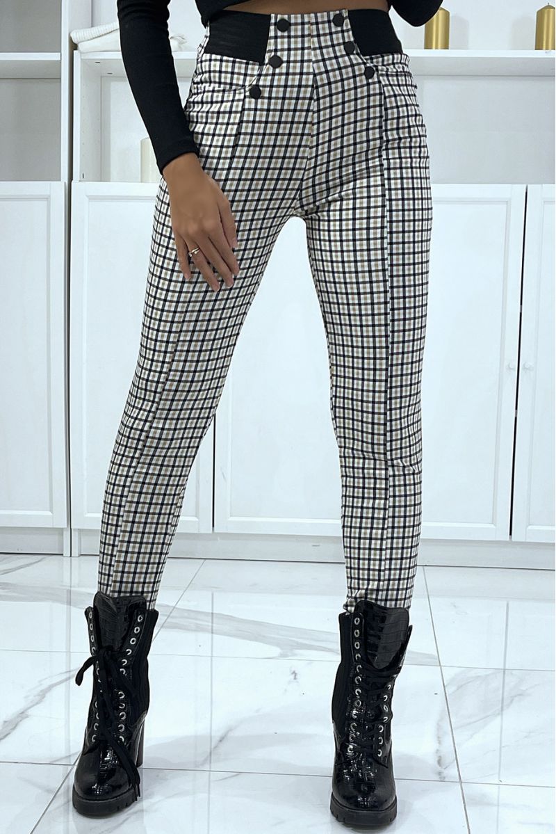 Beige check pattern trousers with button pockets and elastic waistband - 2