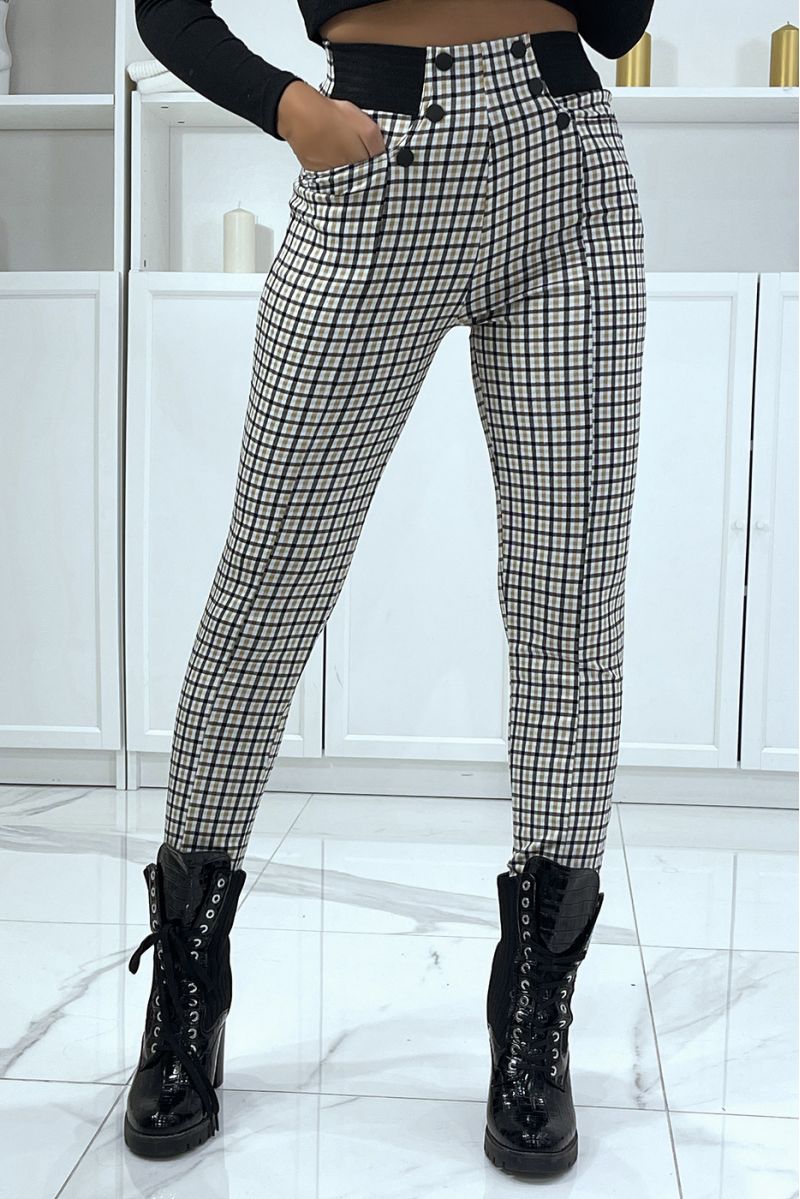 Beige check pattern trousers with button pockets and elastic waistband - 3