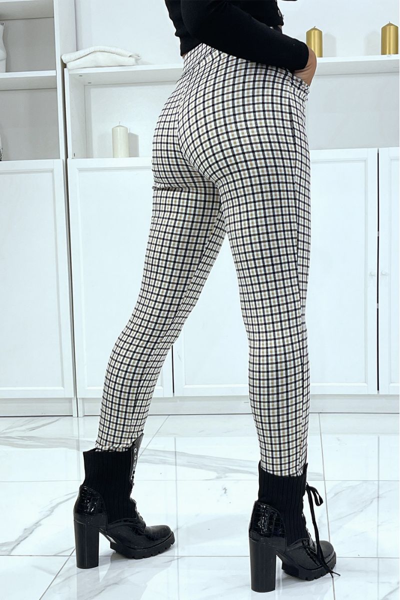 Beige check pattern trousers with button pockets and elastic waistband - 4