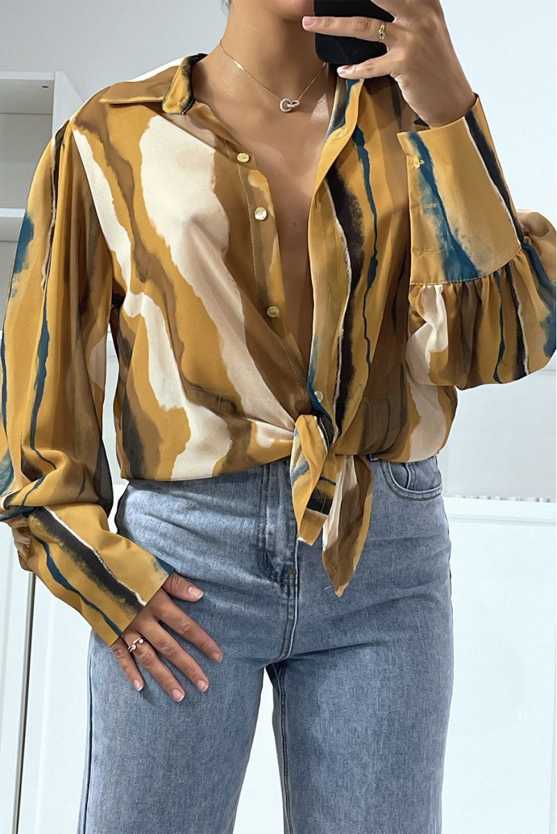 Mosterd overhemd met chique en trendy transparante kleurenmix print - 1 Mosterd overhemd met chique en trendy transparante kleurenmix print - 1