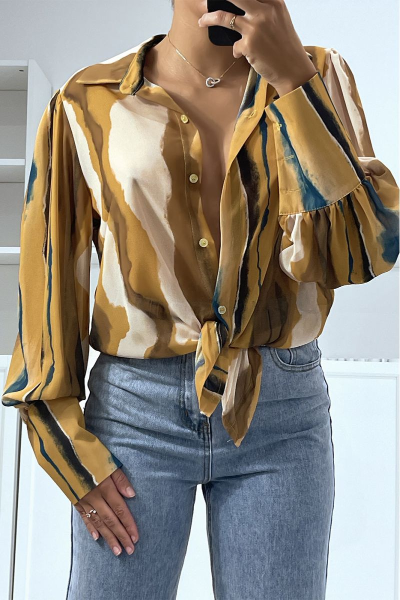 Mosterd overhemd met chique en trendy transparante kleurenmix print - 2 Mosterd overhemd met chique en trendy transparante kleurenmix print - 2