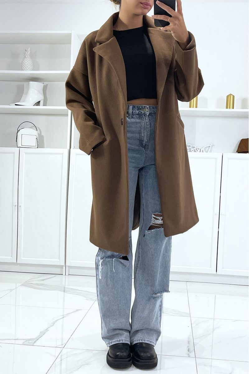 Lange bruine jas met een zeer mooie stof gevoerd met zakken - 2