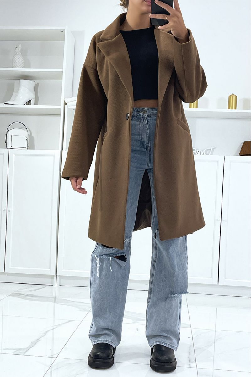 Lange bruine jas met een zeer mooie stof gevoerd met zakken - 4
