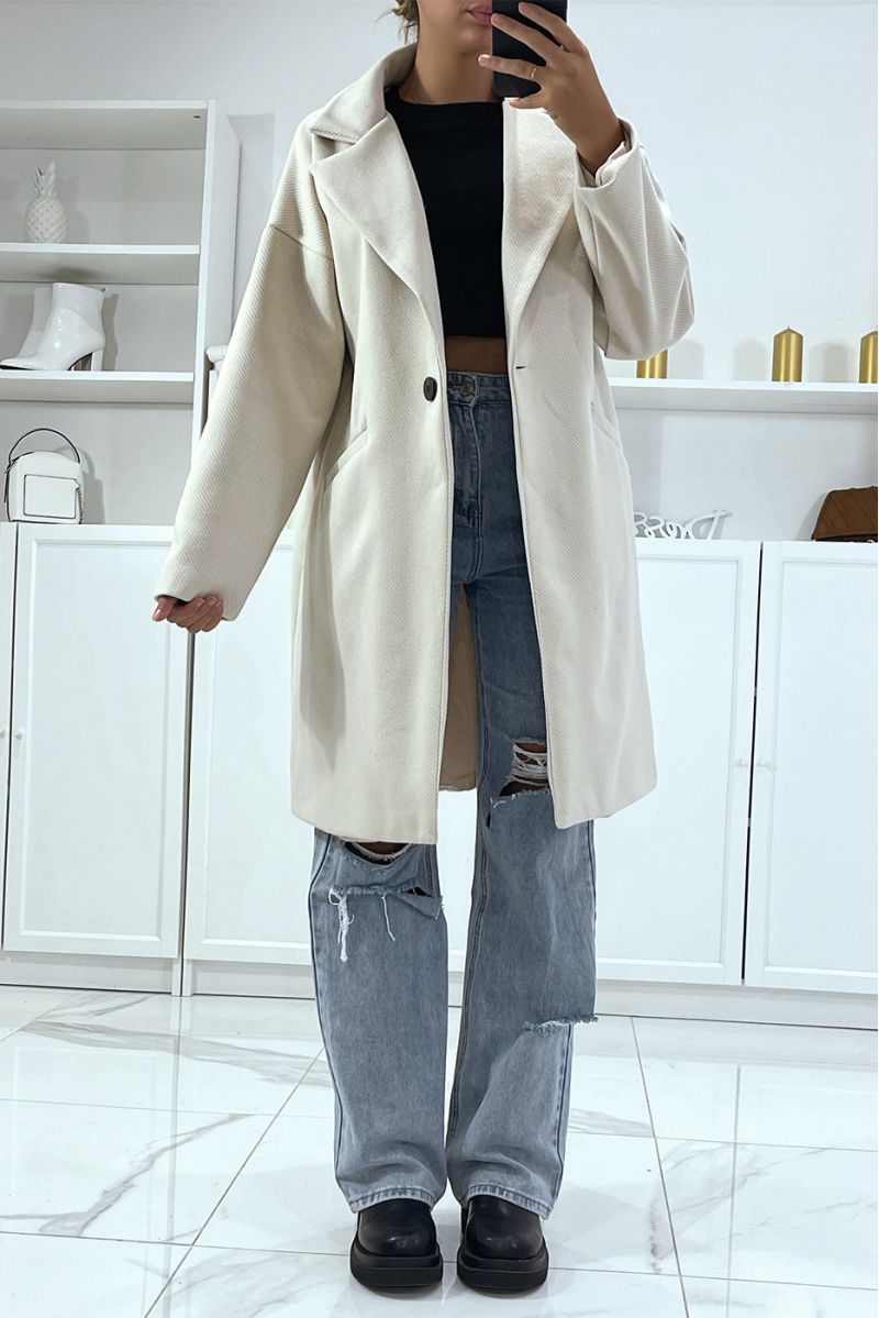 Lange beige jas met een zeer mooie stof gevoerd met zakken - 1