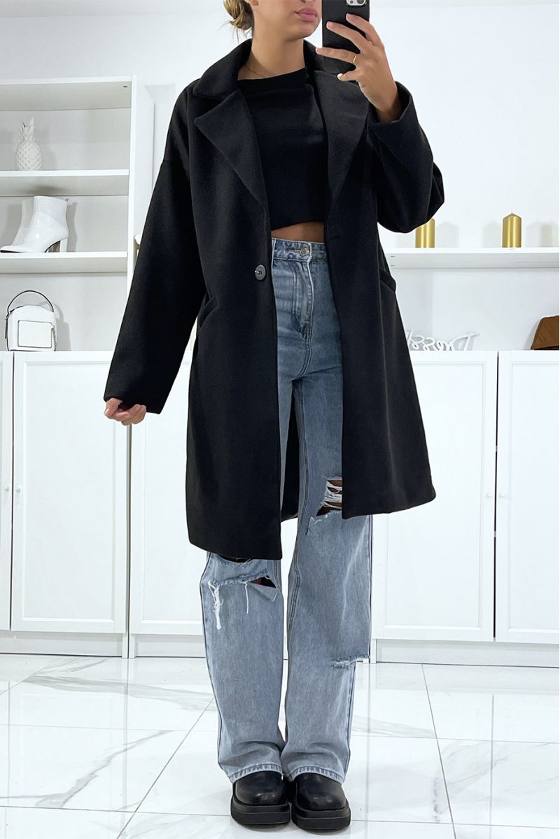 Lange zwarte jas met een zeer mooie stof gevoerd met zakken - 1