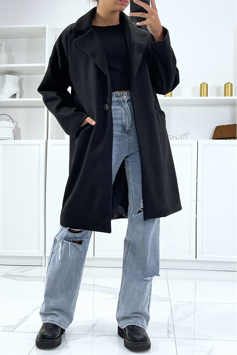 Lange zwarte jas met een zeer mooie stof gevoerd met zakken - 2