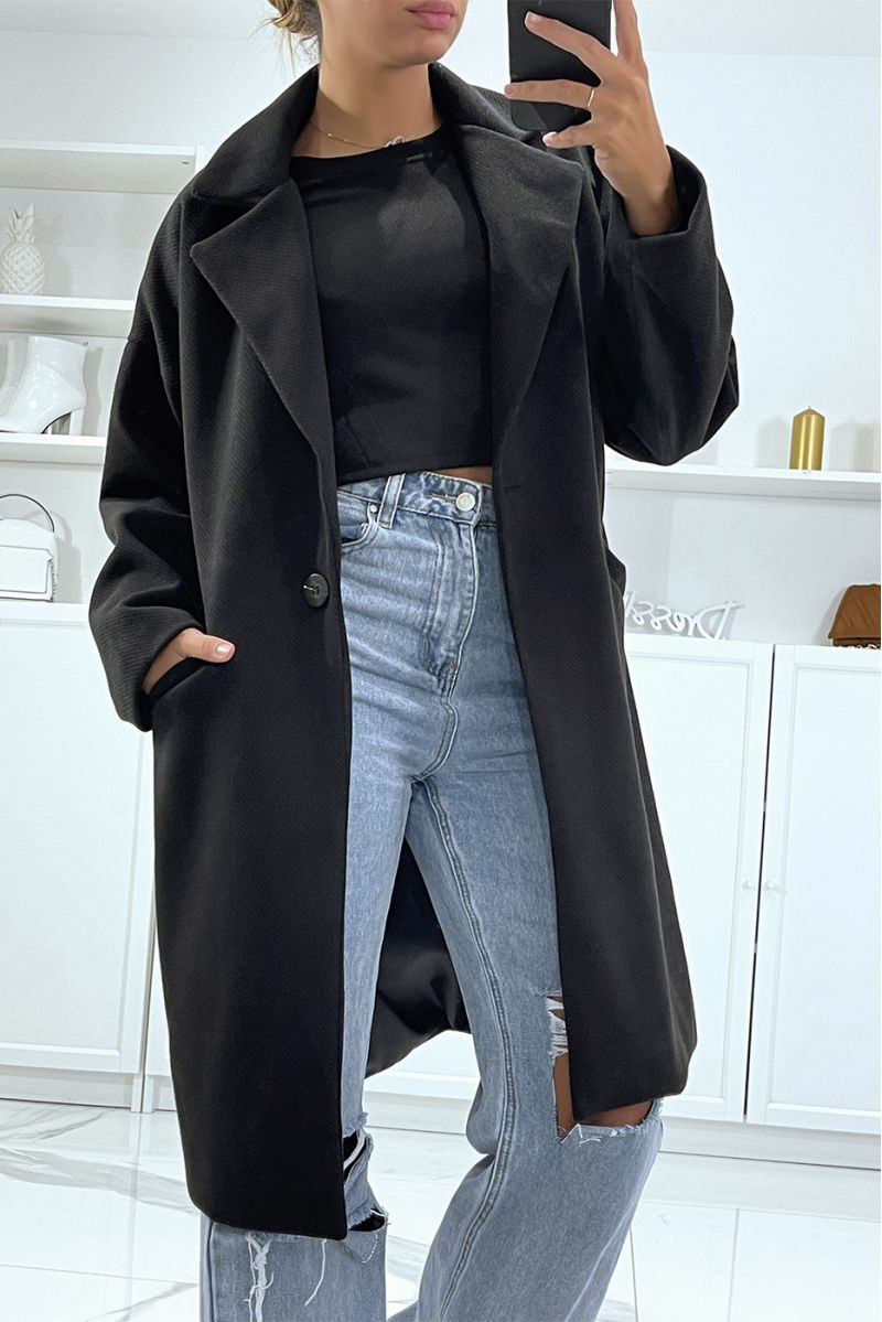 Lange zwarte jas met een zeer mooie stof gevoerd met zakken - 3