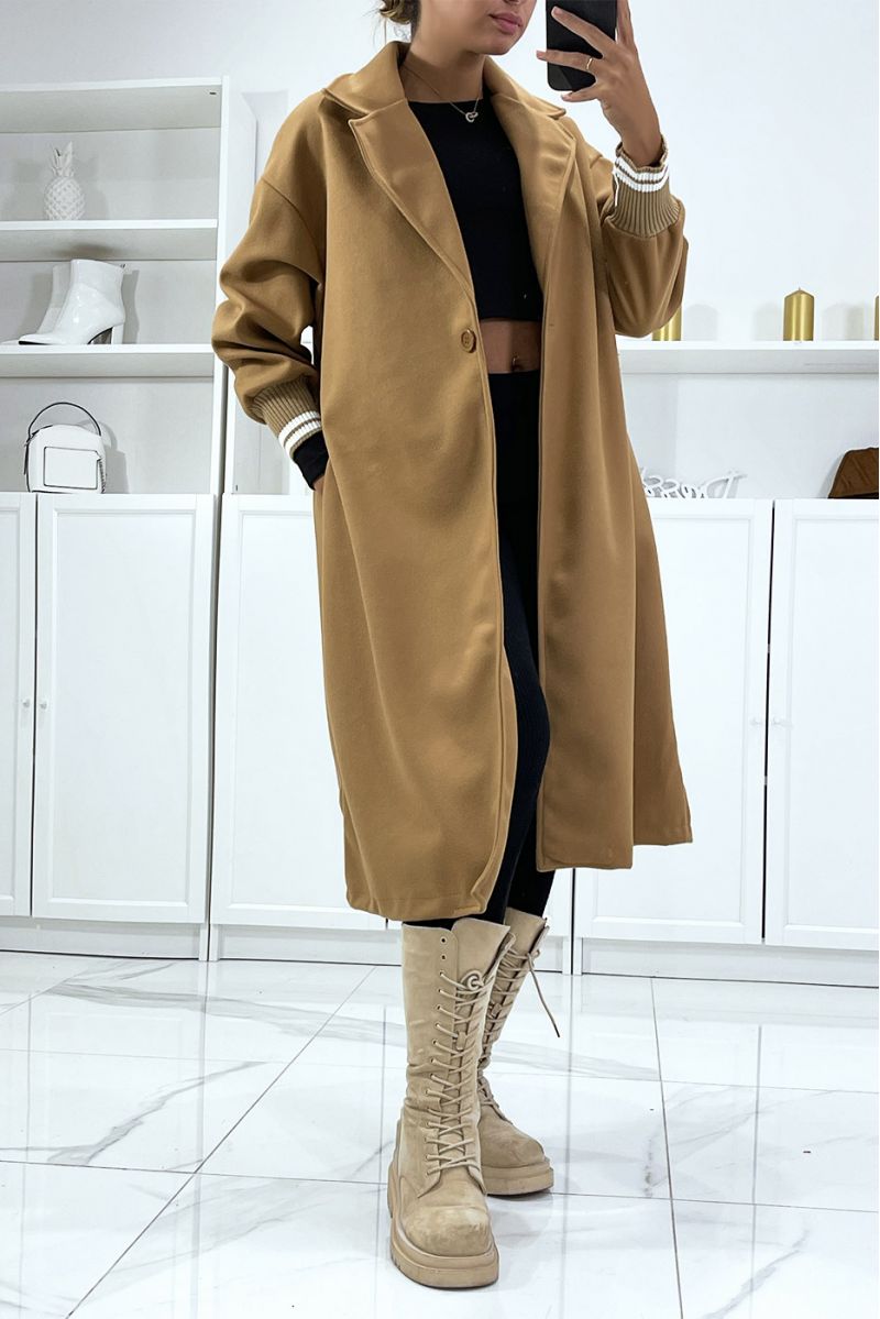 Long manteau over size en camel avec bord côte aux manches - 1