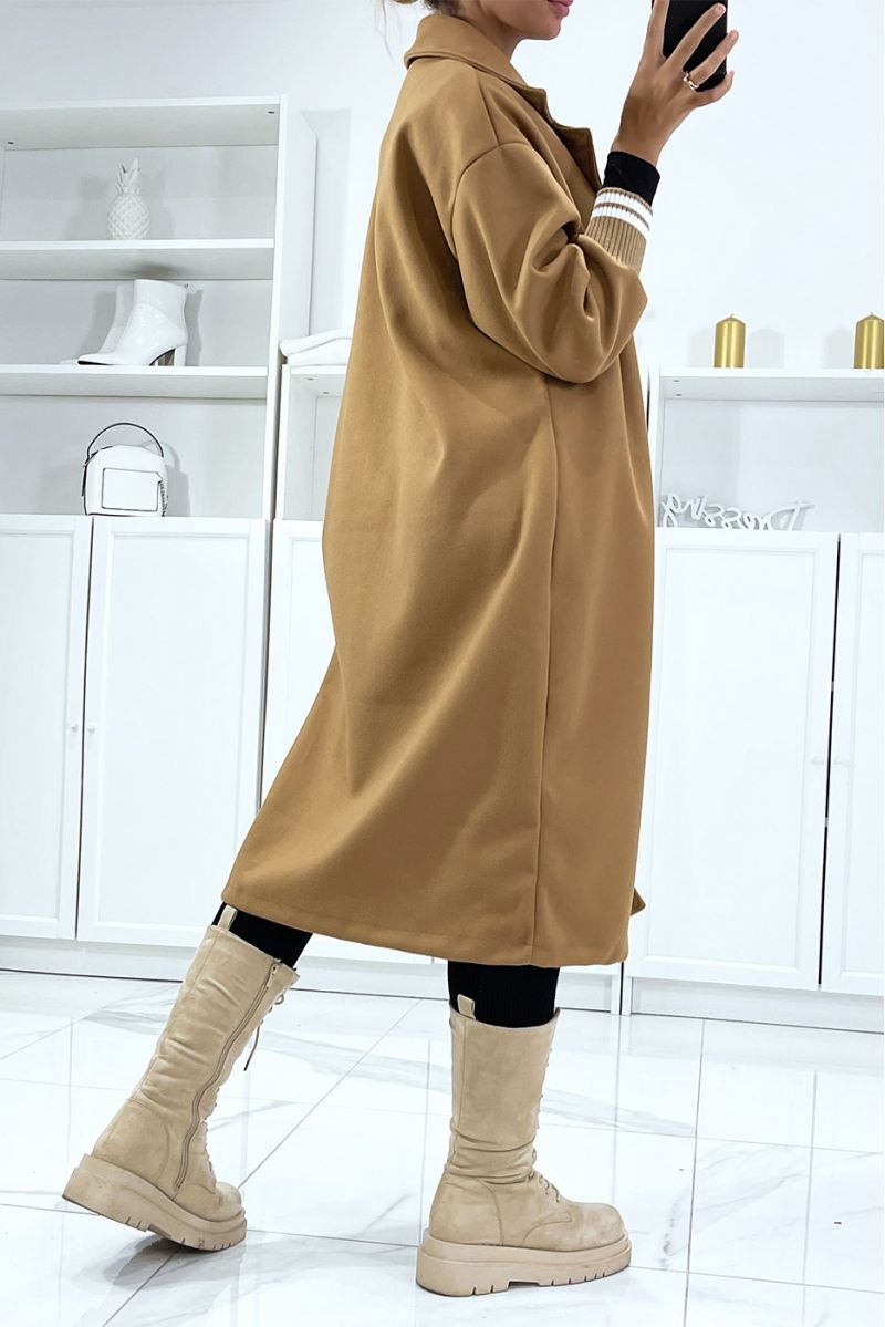 Long manteau over size en camel avec bord côte aux manches - 3
