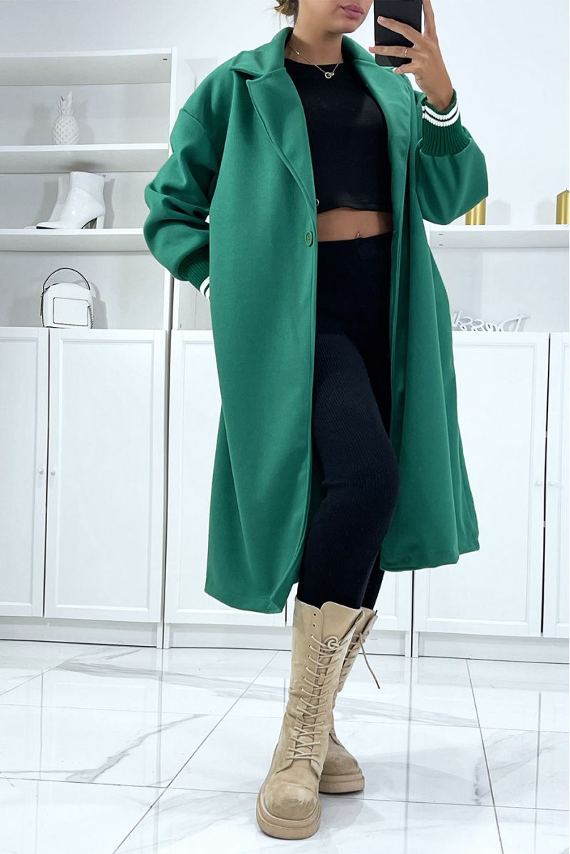 Lange oversized jas in groen met ribbels op de mouwen - 1