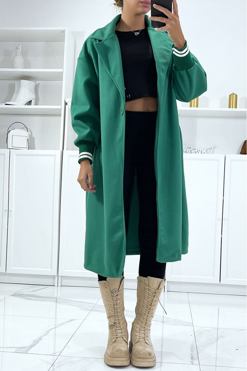 Lange oversized jas in groen met ribbels op de mouwen - 2