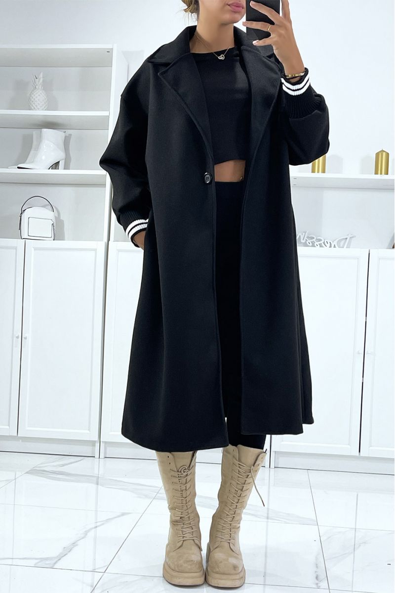 Long oversized coat in black with ribbing on the sleeves - 2