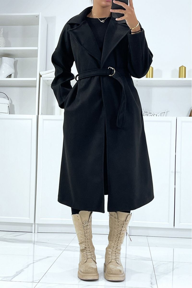 Long black coat with belt and pockets - 1