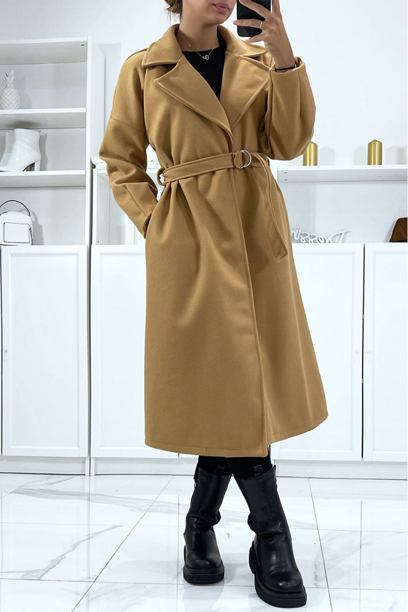 Long camel coat with belt and pockets - 1