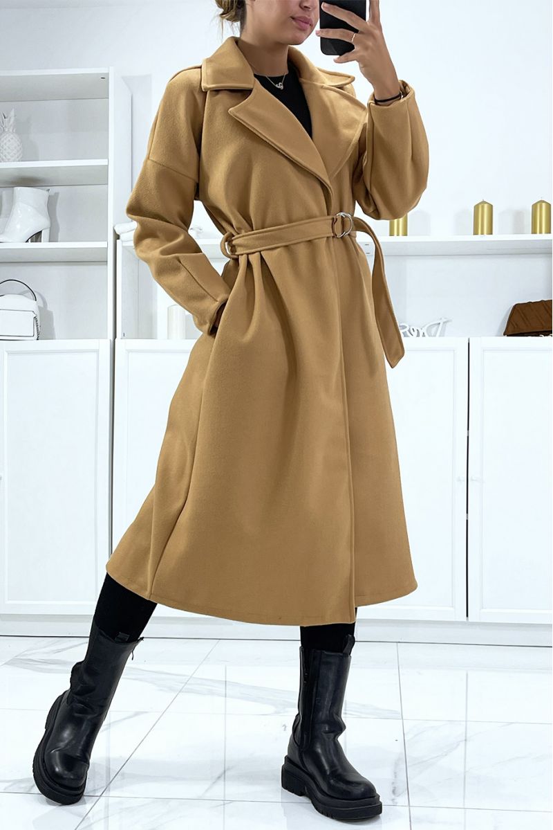 Long camel coat with belt and pockets - 2