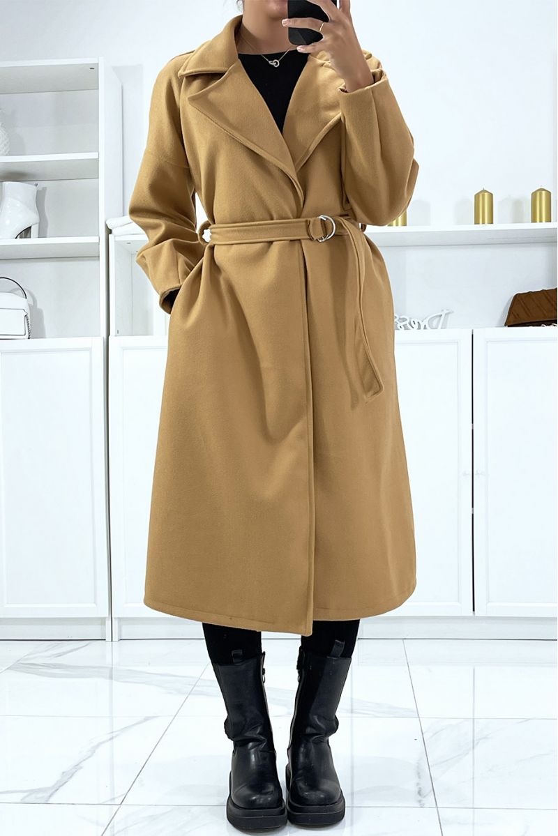 Long camel coat with belt and pockets - 3